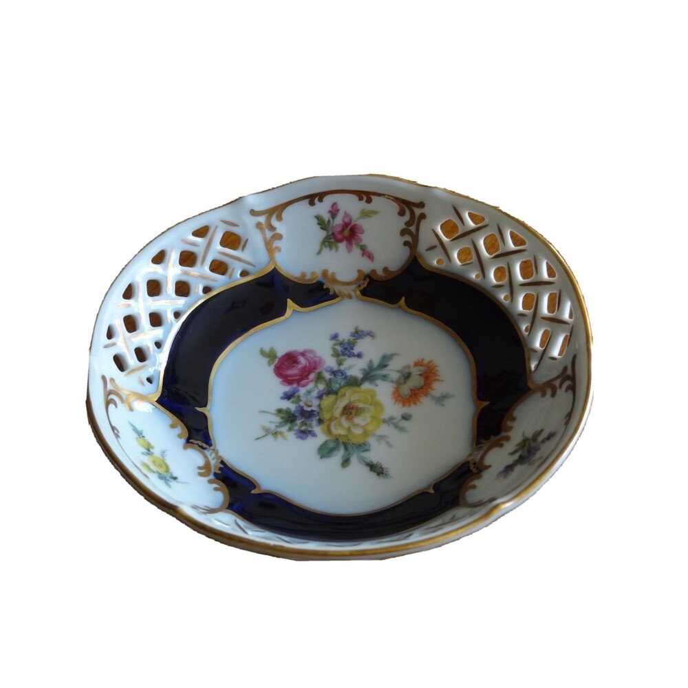 Kaiser W.Germany Blue Gold Lattice Trinket Ring Jewelry Candy Dish Weimar Floral